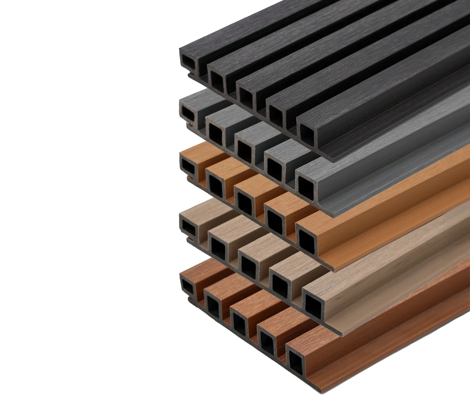 BM Architectural EazyClad 5S Slatted Composite Cladding 

Designed with installers in mind, these extra-large 5-slat cladding modules reduced fixing time over a project. 

Colours: Ebony Black, Slate Grey, Classic Oak, Clay Beige, Oak 

Cladding Module Dimensions: D 26mm x W 197.5mm x L 2500/3600mm (finished face 186mm)  

Cladding Pattern: 5 x 25mm battens with 12mm gaps 

Accessories: Colour-Coded Finishing Flat Trim, Cladding Angle Trim; Slatted Corner Trim; Slatted End Trim, Screws and Wood Screws
