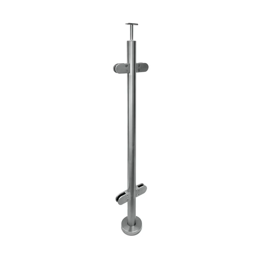 EazyPost 0.74kN (tested to BS 6180) 

A classic stainless steel round post and handrail system

1100mm post complete with classic fix saddle for 48.3mm upright: 


	48.3mm upright reinforced with 300mm long, 42.4mm tube welded insert 
	Welded base plate, M12 (120mm dia.) with elongated holes for site adjustment 
	Push-on base plate cover 
	10mm glass clamps 
	Accepts 48.3mm tube handrail 
	Available in 304 and 316 stainless steel 
	Satin (320 grit) or mirror polished finish 


Available as Middle Post with two pairs of glass clamps set at 180 degrees, End Post with a pair of glass clamps on one side only and Corner Post with two pairs of glass clamps set at 90 degrees
