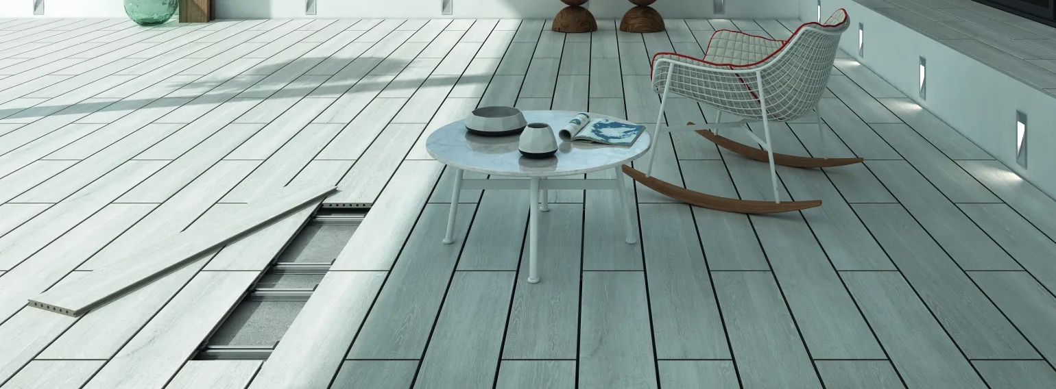 Slip Resistance 

Slip resistance offers another critical advantage of this material. With a surface rated R11/C for anti-slip performance, porcelain decking ensures secure footing even in wet conditions, making it suitable for both residential and commercial applications. 

Ease of Installation 

Installed using a customised clip system, porcelain boards are laid over A-rated substructures. This offers quick, accurate installation and allows for access beneath the deck if required.

