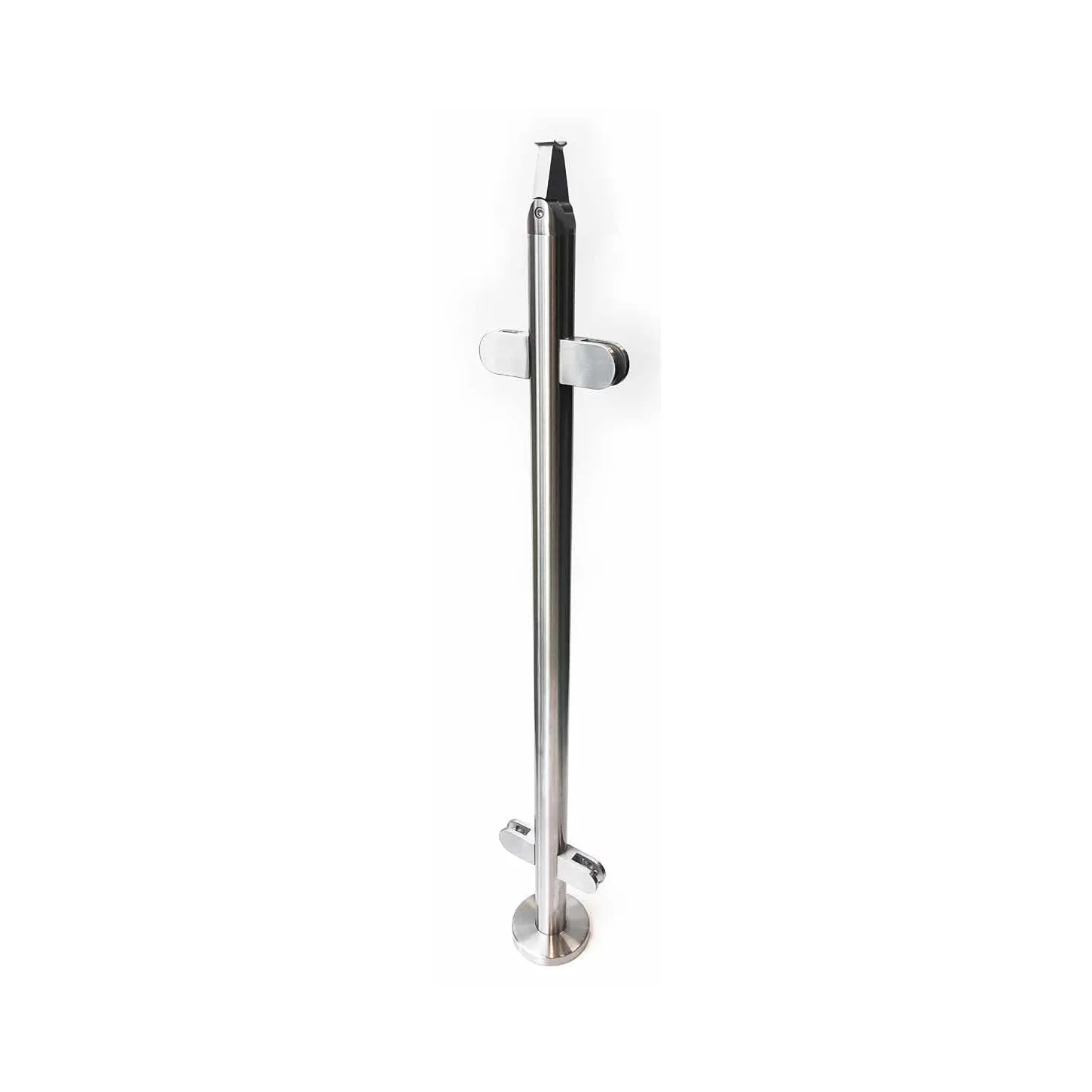 EazyPost 1.5kN (tested to BS 6180) 

A classic stainless steel round post and handrail system 

With a stronger saddle and longer reinforced leg

1100mm post complete with extra-strong flute saddle for 48.3mm upright: 


	48.3mm upright reinforced with 700mm long, 42.4mm tube welded insert 
	Welded base plate, M12 (120mm dia.) with elongated holes for site adjustment 
	Push-on base plate cover 
	10mm glass clamps 
	Accepts 48.3mm tube handrail 
	Available in 304 and 316 stainless steel 
	Satin (320 grit) or mirror polished finish 


Available as Middle Post with two pairs of glass clamps set at 180 degrees and End Post with a pair of glass clamps on one side only
