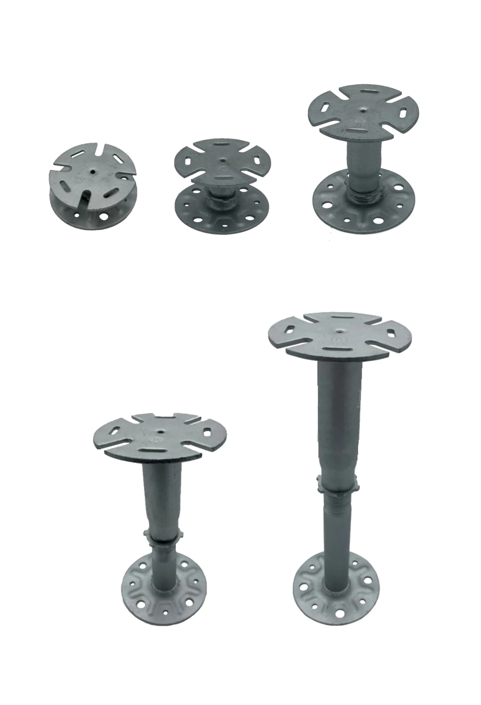EazyPed Steel Pedestals

Available in ten standard sizes to suit a height range of 26mm to 375mm (with larger sizes up to 675mm available on request), these fire-safe steel pedestals feature a high quality Zintec 200 coating for maximum corrosion protection, making them ideal for long-term outdoor exposure.  

They can be used to provide direct support for paving slabs or as part of a pedestal-joist system to support paving or decking. 

Top – Features a 95mm diameter flat head as standard that accepts a number of different headpieces to suit the application. See range below. 

Stem – Pedestal height is adjusted via a threaded stem and fixed in place with the safety locking nut. Height can be adjusted even with top material layer in place. 

Base – Free-draining, 100mm diameter, baseplate featuring 6mm and 10mm diameter drainage holes that can also be used to mechanical fix pedestal to substrate if required. Additional Spreader Plate base, 185mm diameter, is available to help reduce point loading on vulnerable sub-surfaces by distributing weight more effectively.
