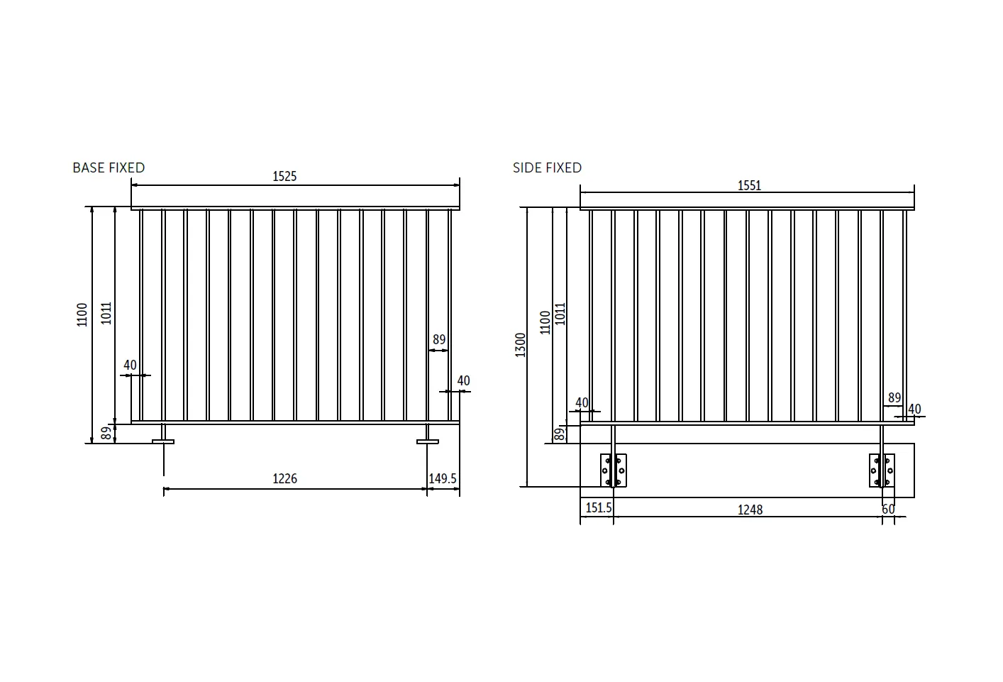 F1 Single Post System

Base-Fixed: 

0.74kN loading - fixed to steel at 1226mm centres (shown) 

1.5kN loading - fixed to steel at 1022mm centres 

Face-Fixed/Side-Fixed:  

0.74kN loading – fixed to steel at 1226mm centres or concrete at 1248mm centres

