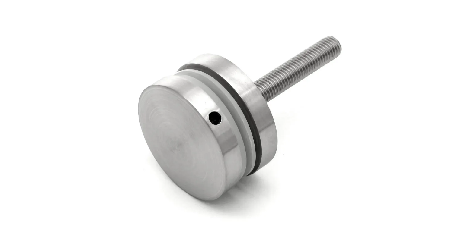 60mm Diameter Glass Stand-Off, M10/M12 

Available in 304 and 316 stainless steel in a range of heights (10 to 50mm) and thread lengths. 

Suits a glass thickness of 8-21.5mm and requires a 22mm diameter hole in glass. 
